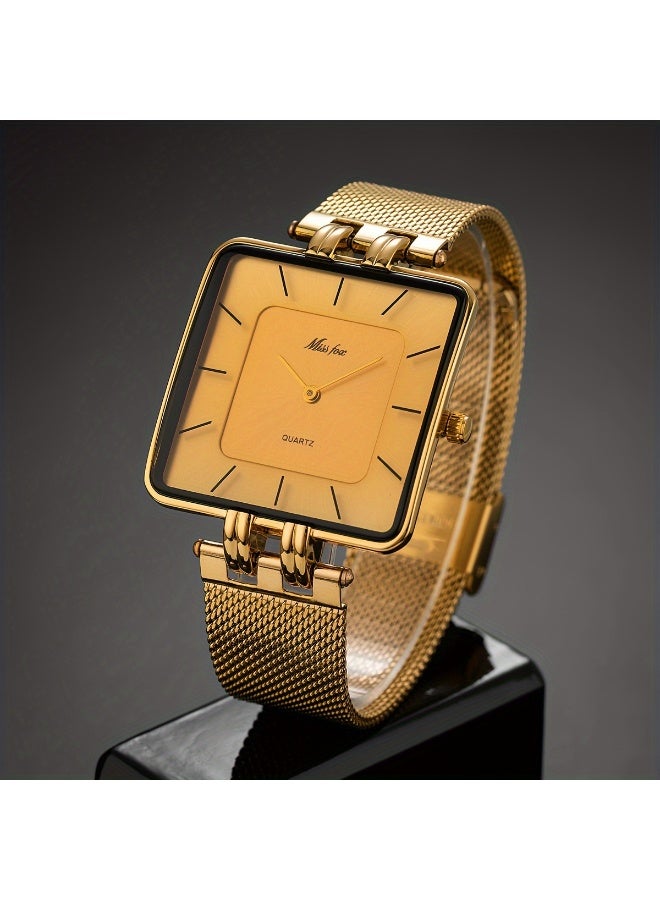 MISSFOX Fashion Trendy Men's Minimalist Square Stainless Steel Mesh Strap Golden Color Watch