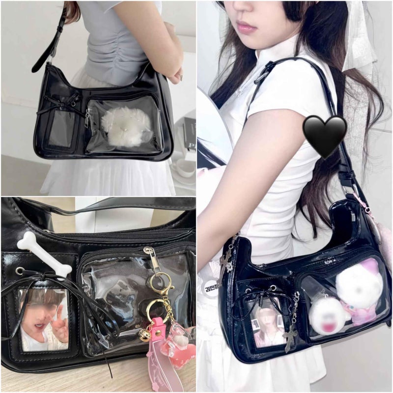 Winatehr ita black shoulder bag for women, pin display kawaii bow anime crossbody bag, cute y2k everyday coquette purse - Image 2