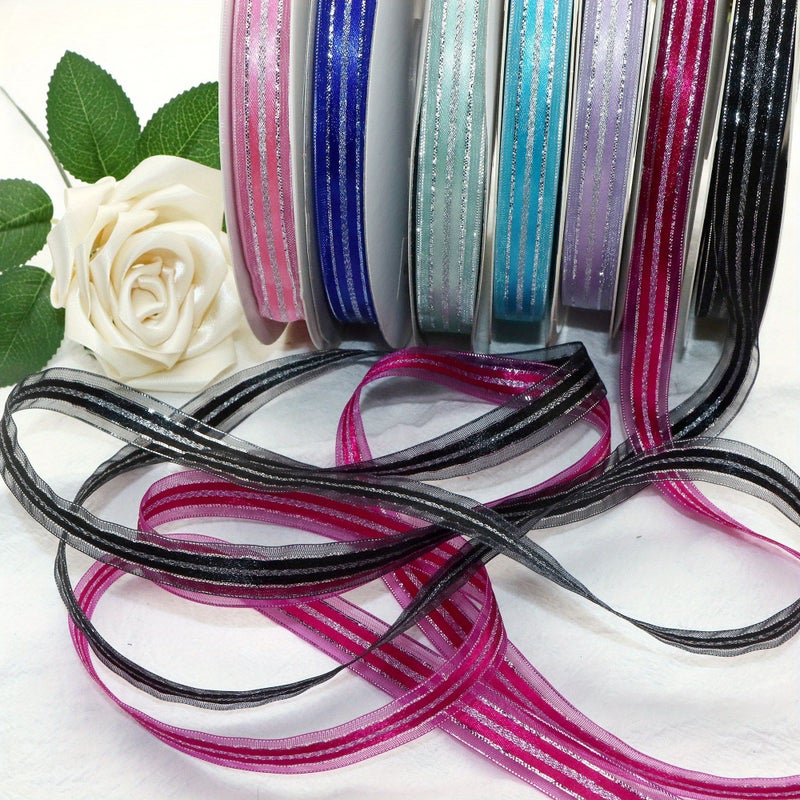 A 5 Yard Roll Of 15mm 0.59 Inch Black Chiffon Ribbon With Metallic Silvery Edge For Wedding Decorations Christmas Parties Floral Designs Gift Wrapping And Crafts - Image 1