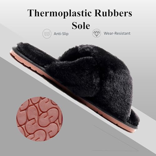 Crazy Lady Women's Fuzzy Fluffy House Slippers Cute Plush Memory Foam Shoes Cross Band Indoor Outdoor Open Toe Sandals(06/Black, 8.5-9.5) - Image 3