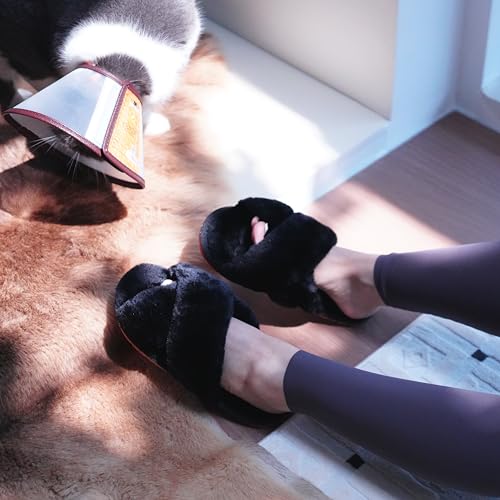 Crazy Lady Women's Fuzzy Fluffy House Slippers Cute Plush Memory Foam Shoes Cross Band Indoor Outdoor Open Toe Sandals(06/Black, 8.5-9.5) - Image 2