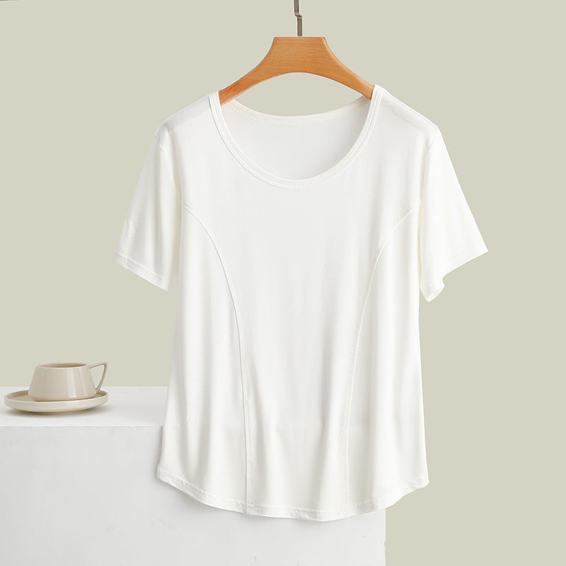 Modal Stitching Crewneck Short-Sleeved T-Shirt Women'S Summer Plus Size Thin Slim Outer Wear Top Slim-Fit Inner Base Shirt - Image 1