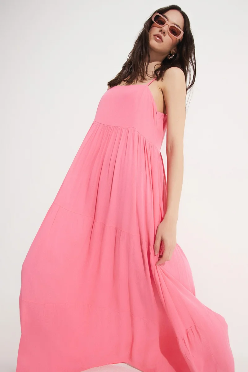 جون Women's 100% Viscose Flounce Thin Strap Maxi Woven Dress