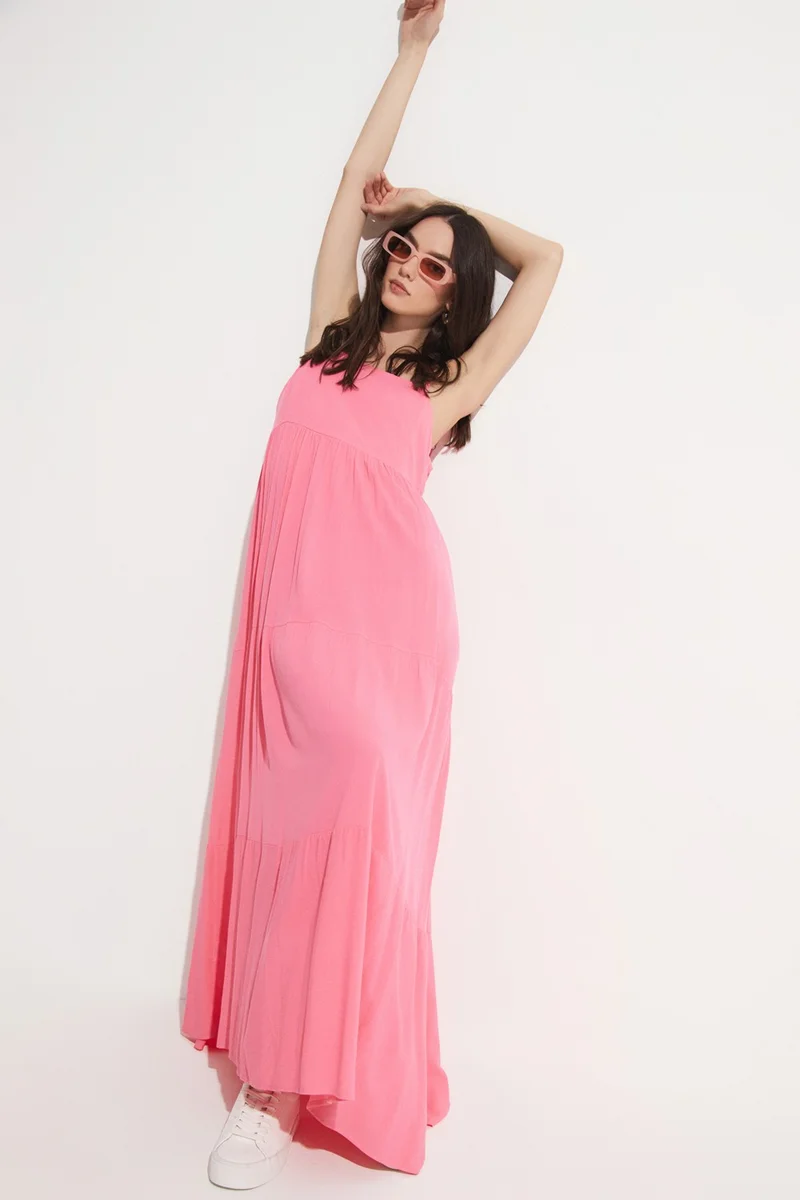 جون Women's 100% Viscose Flounce Thin Strap Maxi Woven Dress
