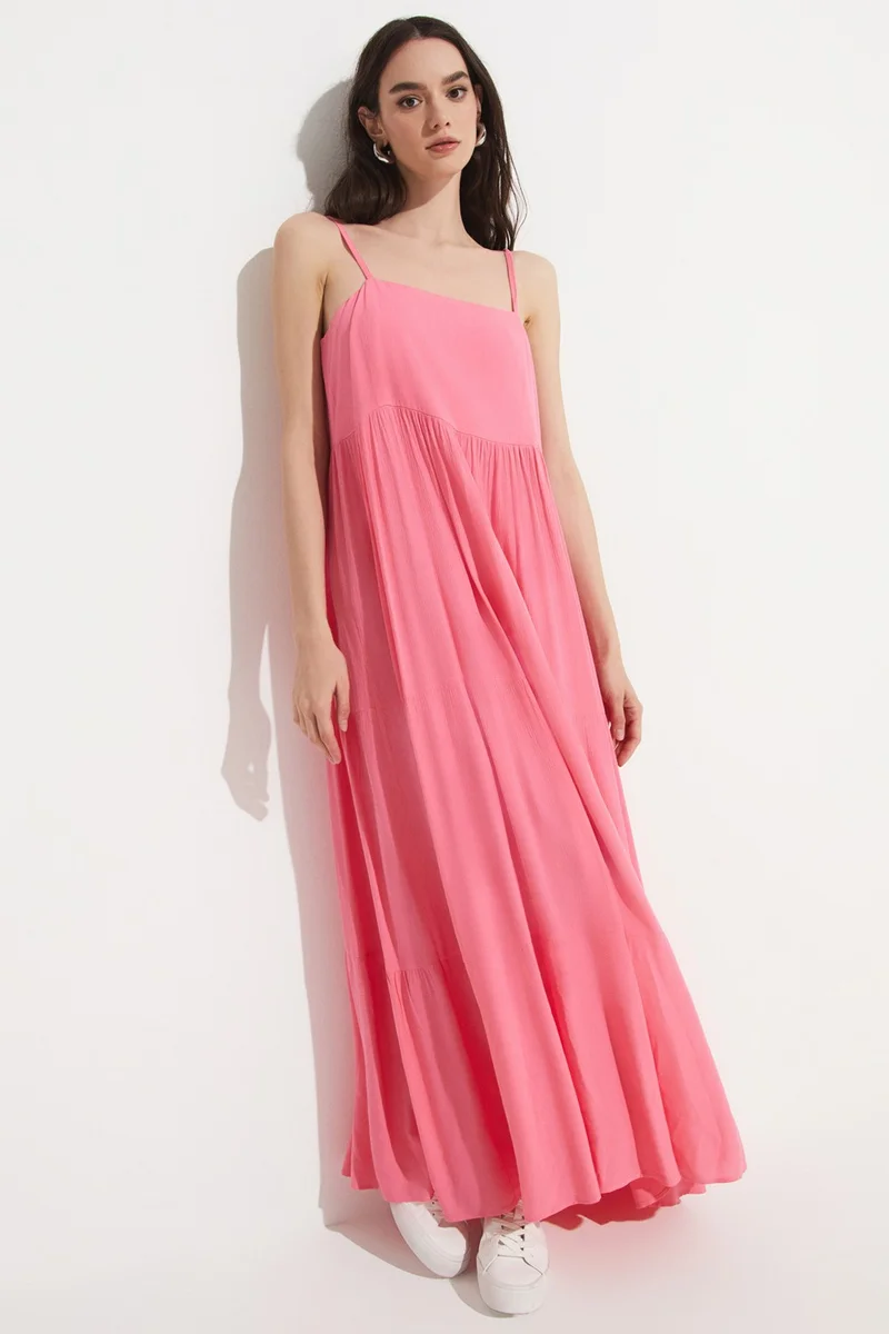 جون Women's 100% Viscose Flounce Thin Strap Maxi Woven Dress