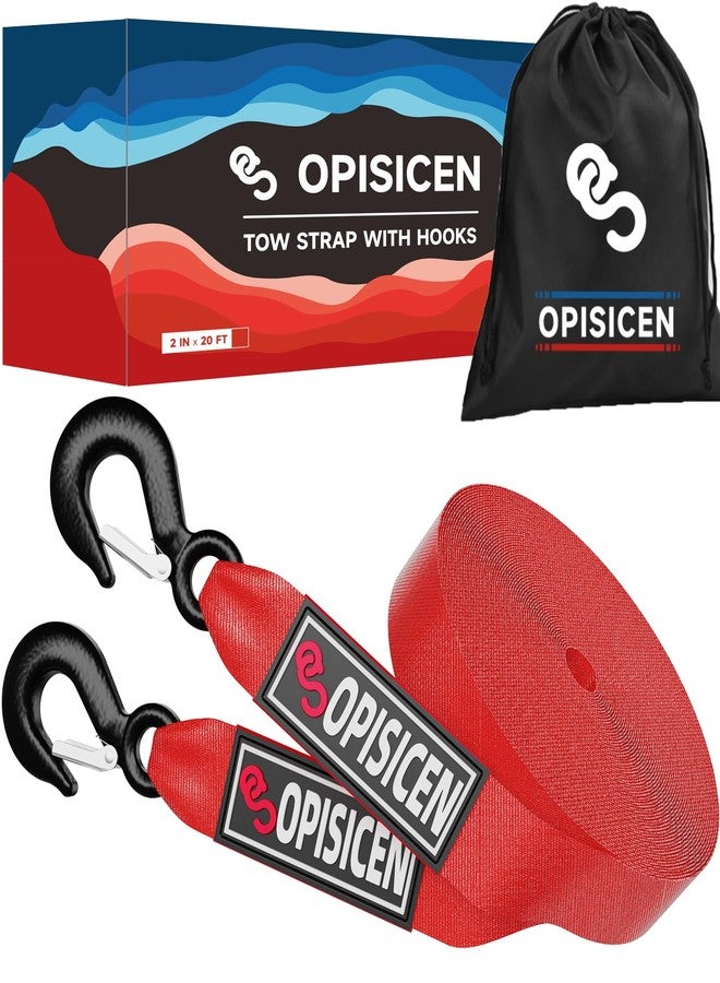 OPISICEN Tow Strap with Hooks 2 Inch x 20 Foot - 12,000lbs Breaking Strength Emergency Heavy Duty Capacity Tow Rope Forged Steel Hooks for Car Truck Jeep ATV SUV, Roadside Recovery (Red, 2" x 20') - Image 1