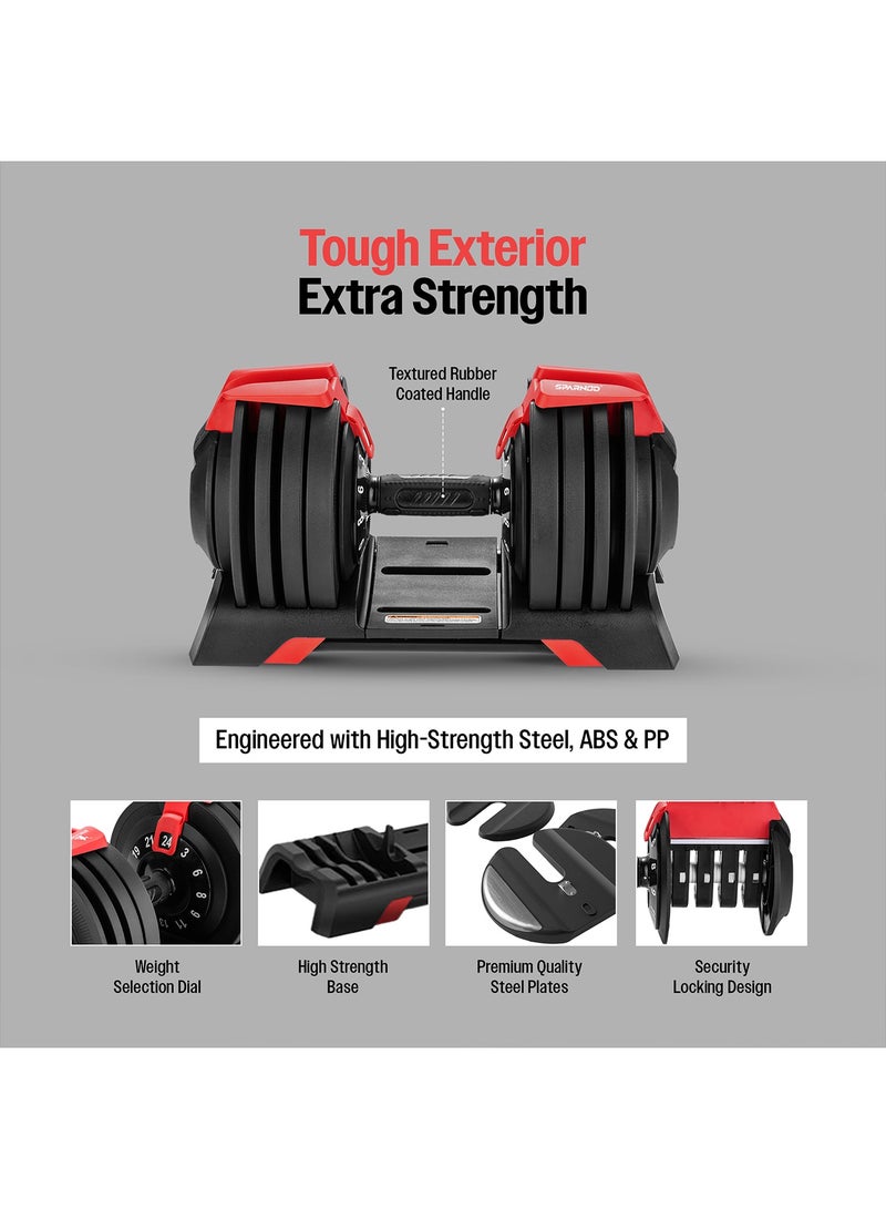 Sparnod Fitness SAD-24_PAIR Adjustable Dumbbells Pair Set (2 x 24kg, Total 48kg) – 12 Weight Levels (3–24kg Each), One-Hand Quick Adjust Dial, Safety Lock System, Premium Steel Build with Base Tray - Image 4