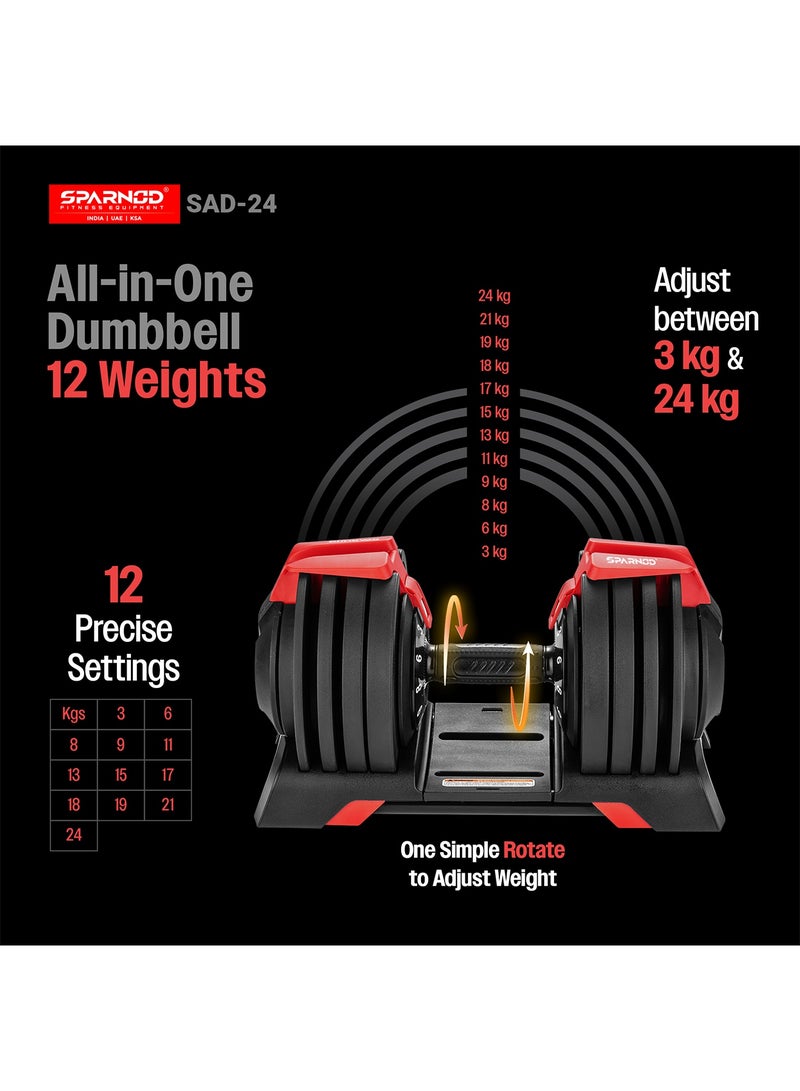 Sparnod Fitness SAD-24_PAIR Adjustable Dumbbells Pair Set (2 x 24kg, Total 48kg) – 12 Weight Levels (3–24kg Each), One-Hand Quick Adjust Dial, Safety Lock System, Premium Steel Build with Base Tray - Image 2