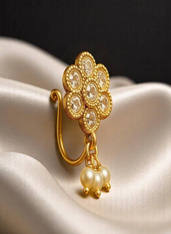 ACCESSHER Gold Tone Floral Nosepin with Stones and Faux Pearl Detailing - Lightweight and Elegant jewellery Accessory for Women’s Traditional and Modern Wear (White) - Image 4