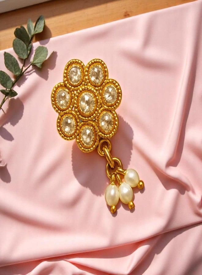 ACCESSHER Gold Tone Floral Nosepin with Stones and Faux Pearl Detailing - Lightweight and Elegant jewellery Accessory for Women’s Traditional and Modern Wear (White) - Image 3