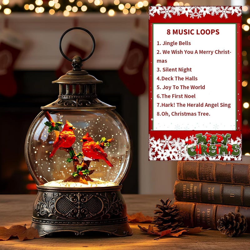 MXwcy Christmas Snow Globe Lighted Cardinal Holly Scene, Musical Snow Water Lantern Swirling Glittering Home Decoration and Gift, Battery Operated or USB Powered - Image 4