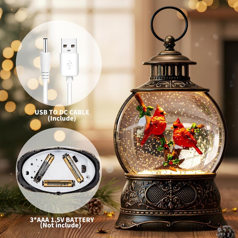 MXwcy Christmas Snow Globe Lighted Cardinal Holly Scene, Musical Snow Water Lantern Swirling Glittering Home Decoration and Gift, Battery Operated or USB Powered - Image 3