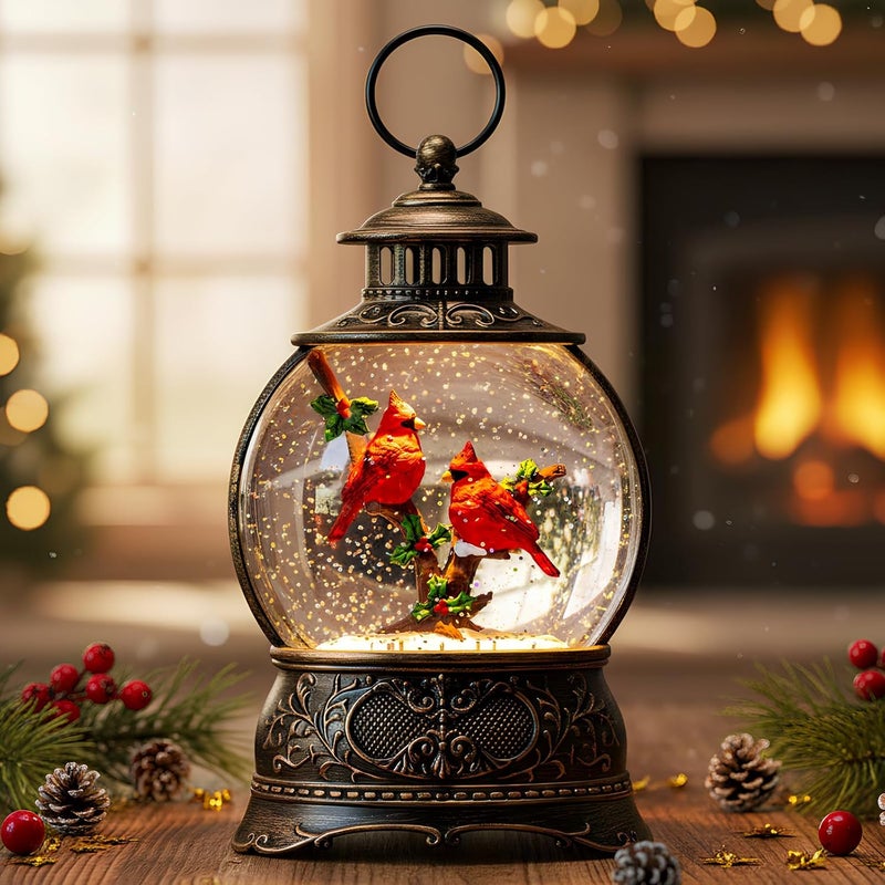 MXwcy Christmas Snow Globe Lighted Cardinal Holly Scene, Musical Snow Water Lantern Swirling Glittering Home Decoration and Gift, Battery Operated or USB Powered - Image 1
