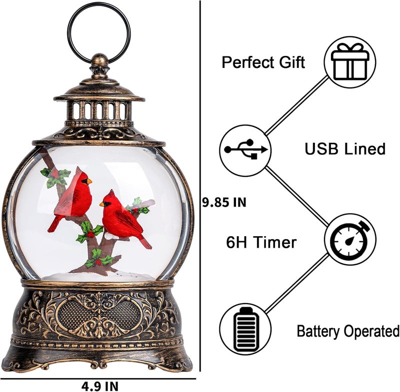 MXwcy Christmas Snow Globe Lighted Cardinal Holly Scene, Musical Snow Water Lantern Swirling Glittering Home Decoration and Gift, Battery Operated or USB Powered - Image 2