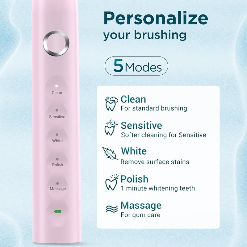 Fronix Electric Toothbrush for Adults with 8 Brush Heads, Sonic Toothbrush Rechargeable with a Holder & Travel Case, 2.5 Hours Charge for 120 Days Use - Pink - Image 3