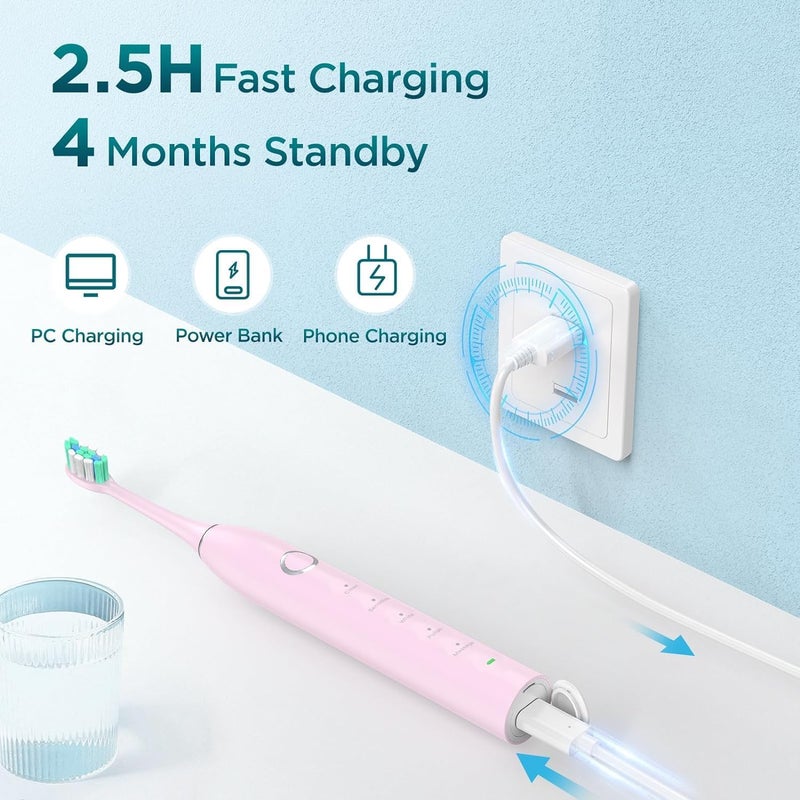 Fronix Electric Toothbrush for Adults with 8 Brush Heads, Sonic Toothbrush Rechargeable with a Holder & Travel Case, 2.5 Hours Charge for 120 Days Use - Pink - Image 4