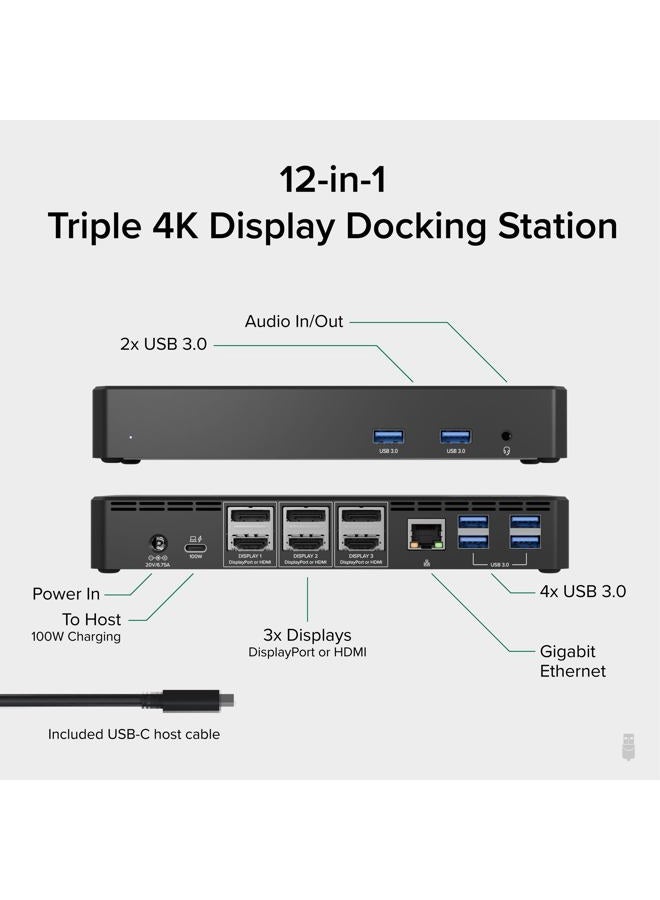 Plugable 12-in-1 USB C Docking Station Triple Monitor, Triple 4K Displays with 3X HDMI or 3X DisplayPort, Compatible with Mac, Windows, Thunderbolt 3 & 4, USB4, USB-C (60W PD, 6X USB Ports, Ethernet) - Image 2