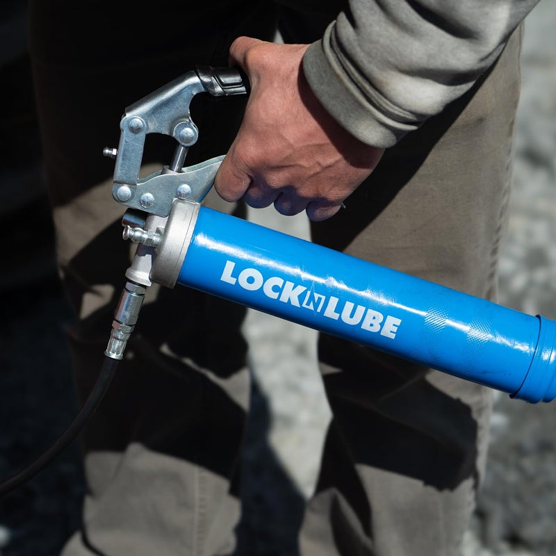 LockNLube Heavy-Duty Pistol Grip Grease Gun (Blue). Includes our patented LockNLubeÂ® Grease Coupler (Locks On, Stays On, Won't Leak!) plus a high-quality 20" hose and in-line hose swivel - Image 4
