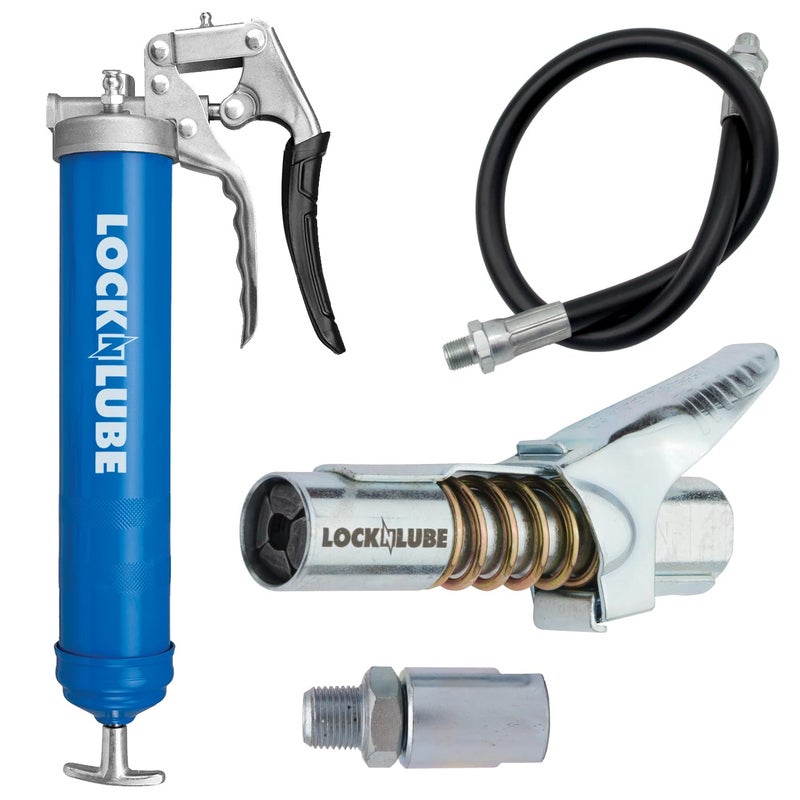LockNLube Heavy-Duty Pistol Grip Grease Gun (Blue). Includes our patented LockNLubeÂ® Grease Coupler (Locks On, Stays On, Won't Leak!) plus a high-quality 20" hose and in-line hose swivel - Image 1