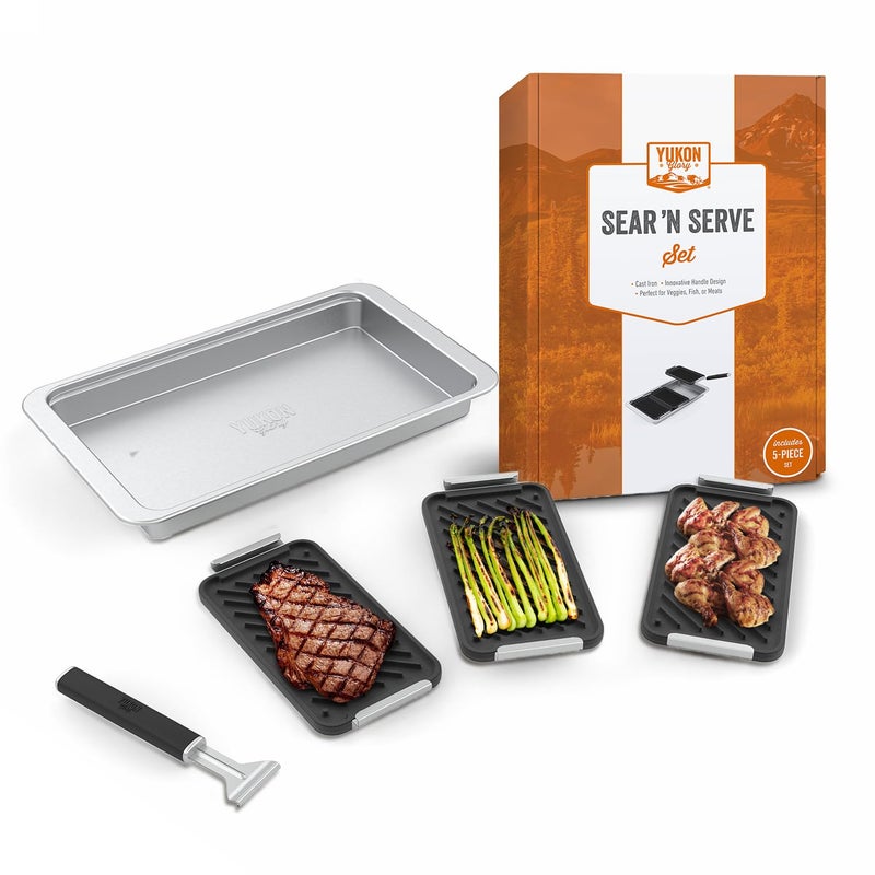 Yukon Glory SEAR N SERVE Cast Iron Grill Pan Set  Includes 3 Grilling Baskets Serving Tray  ClipOn Handle  Cast Iron Pans for Stovetops or Outdoor Grills  Leaves Professional Sear Marks