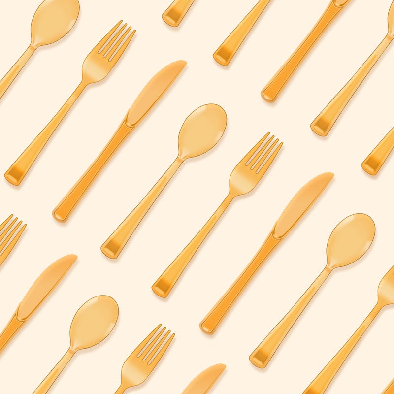 JSQBSECL 150 Pack Plastic Silverware Disposable Cutlery Set Heavy Duty Utensil Sets 50 Forks 50 Knives 50 Spoons for Brithday  Wedding Home Office School Party Picnics (Orange Clear) - Image 4