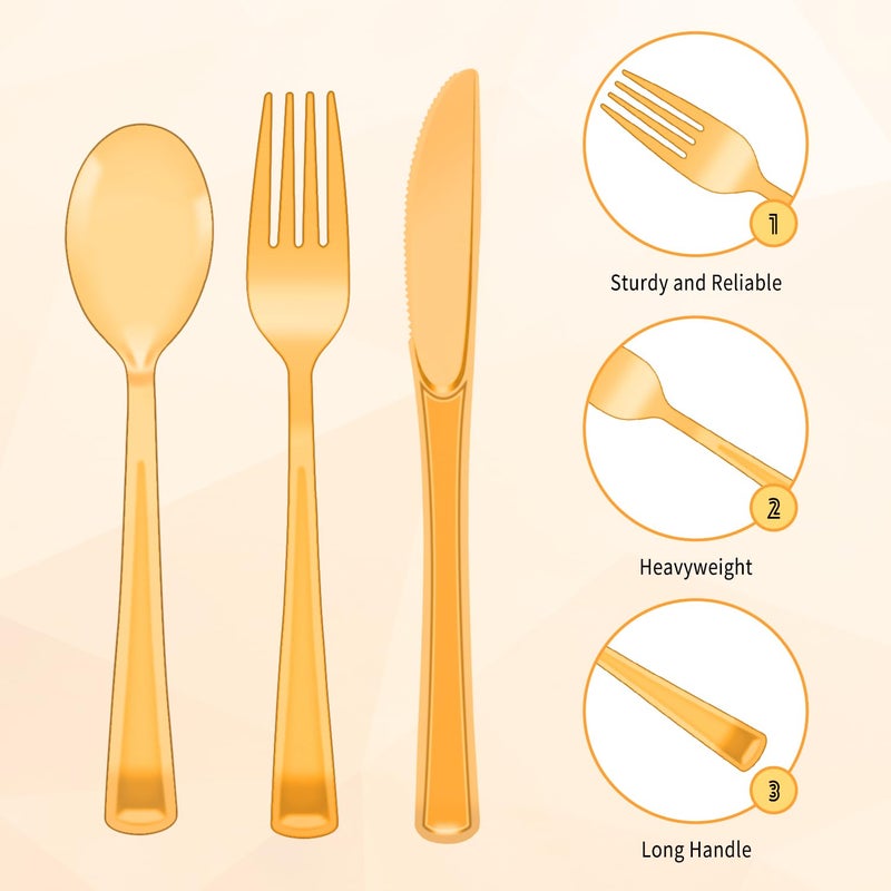 JSQBSECL 150 Pack Plastic Silverware Disposable Cutlery Set Heavy Duty Utensil Sets 50 Forks 50 Knives 50 Spoons for Brithday  Wedding Home Office School Party Picnics (Orange Clear) - Image 3