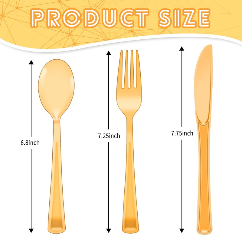 JSQBSECL 150 Pack Plastic Silverware Disposable Cutlery Set Heavy Duty Utensil Sets 50 Forks 50 Knives 50 Spoons for Brithday  Wedding Home Office School Party Picnics (Orange Clear) - Image 2