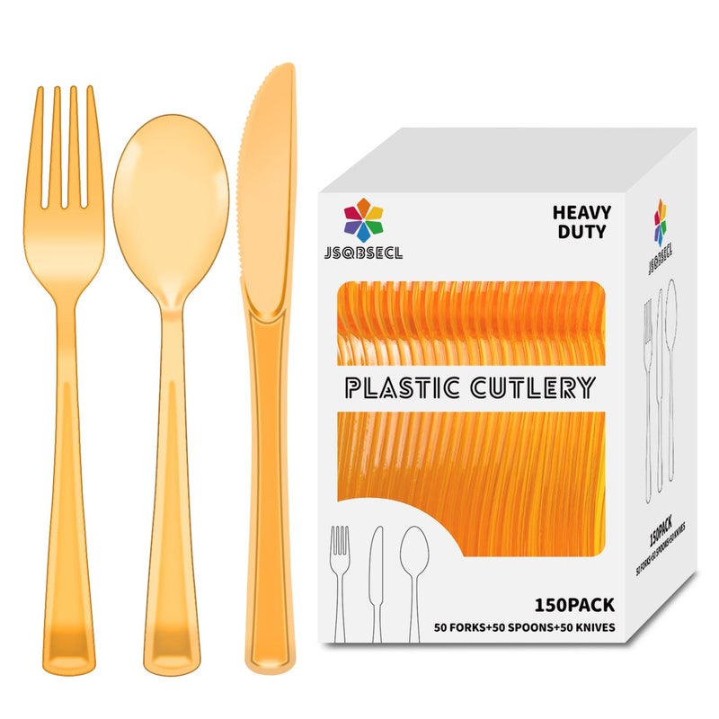 JSQBSECL 150 Pack Plastic Silverware Disposable Cutlery Set Heavy Duty Utensil Sets 50 Forks 50 Knives 50 Spoons for Brithday  Wedding Home Office School Party Picnics (Orange Clear) - Image 1