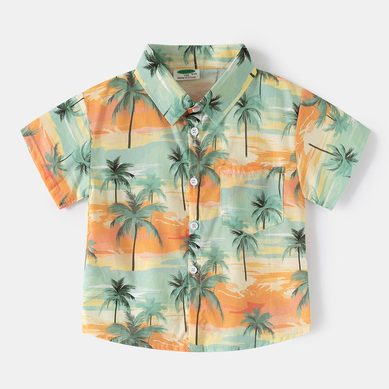Boys Baby 2025 Beach Short-Sleeved Shirt Medium And Large Kidsren'S Baby Full-Print Short-Sleeved Shirt - Image 1