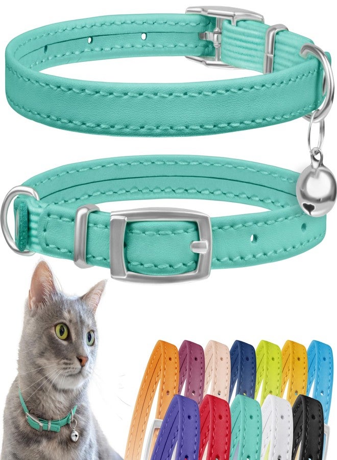 CollarDirect Leather Cat Collar, Cat Safety Collar with Elastic Strap, Kitten Collar for Cat with Bell Black Blue Red Orange Lime Green (Neck Fit 6"-7", Mint Green) - Image 1