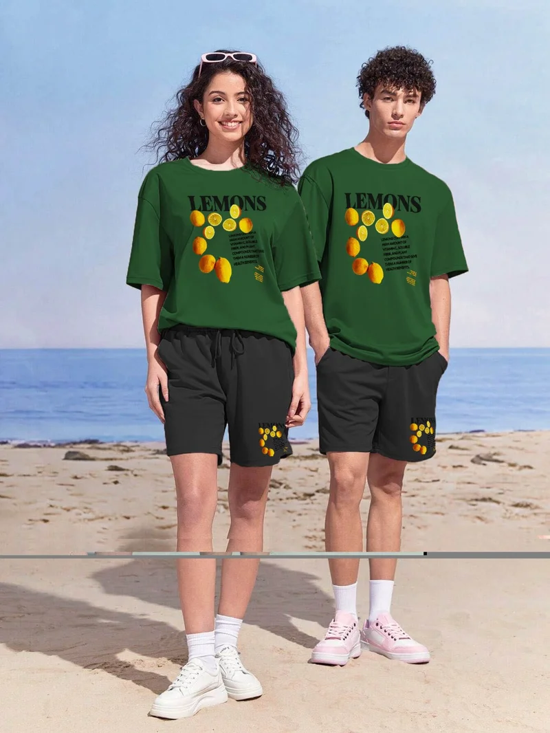 DogFish Couple Lover Combination Oversize Lemons Design Printed T-Shirt 2-Pack