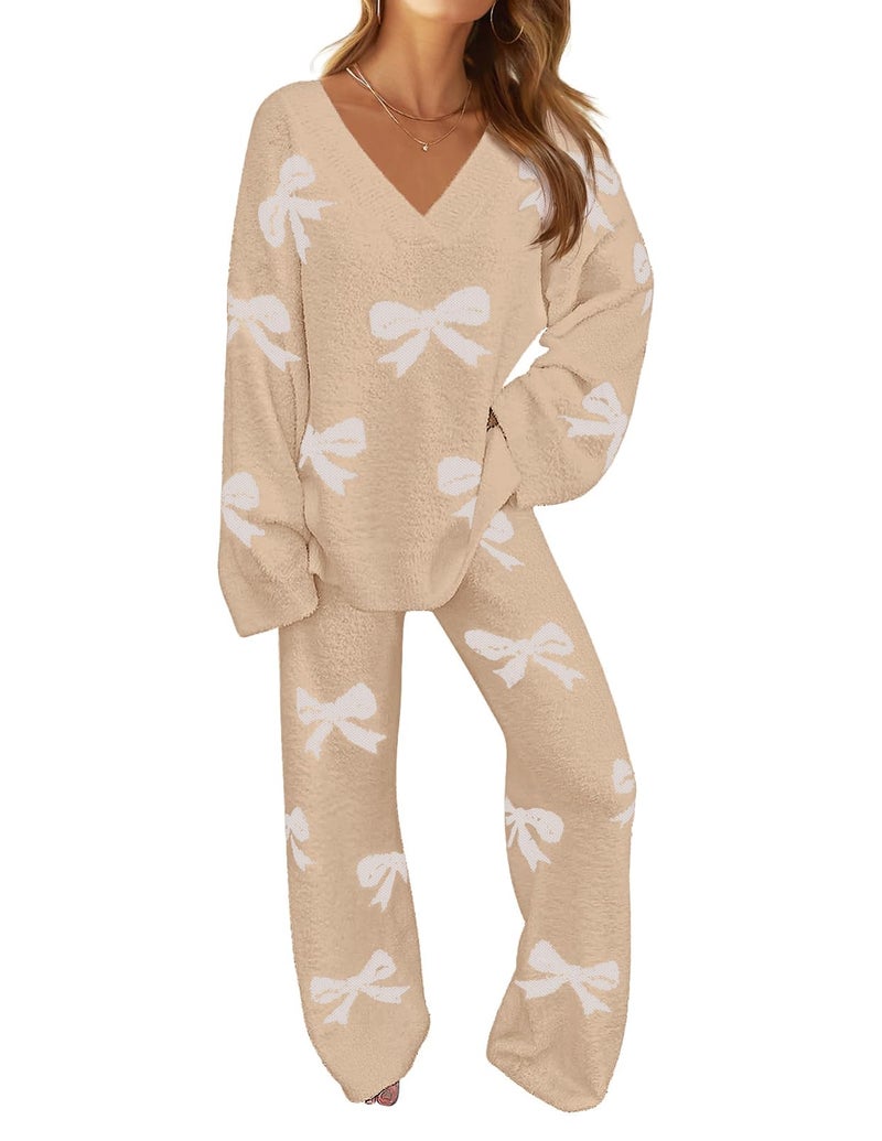 MEROKEETY Women's 2 Piece Outfits Fuzzy Fleece Pajama Set Long Sleeve Top Wide Leg Pants Loungewear, Bowkhaki, X-Large - Image 1