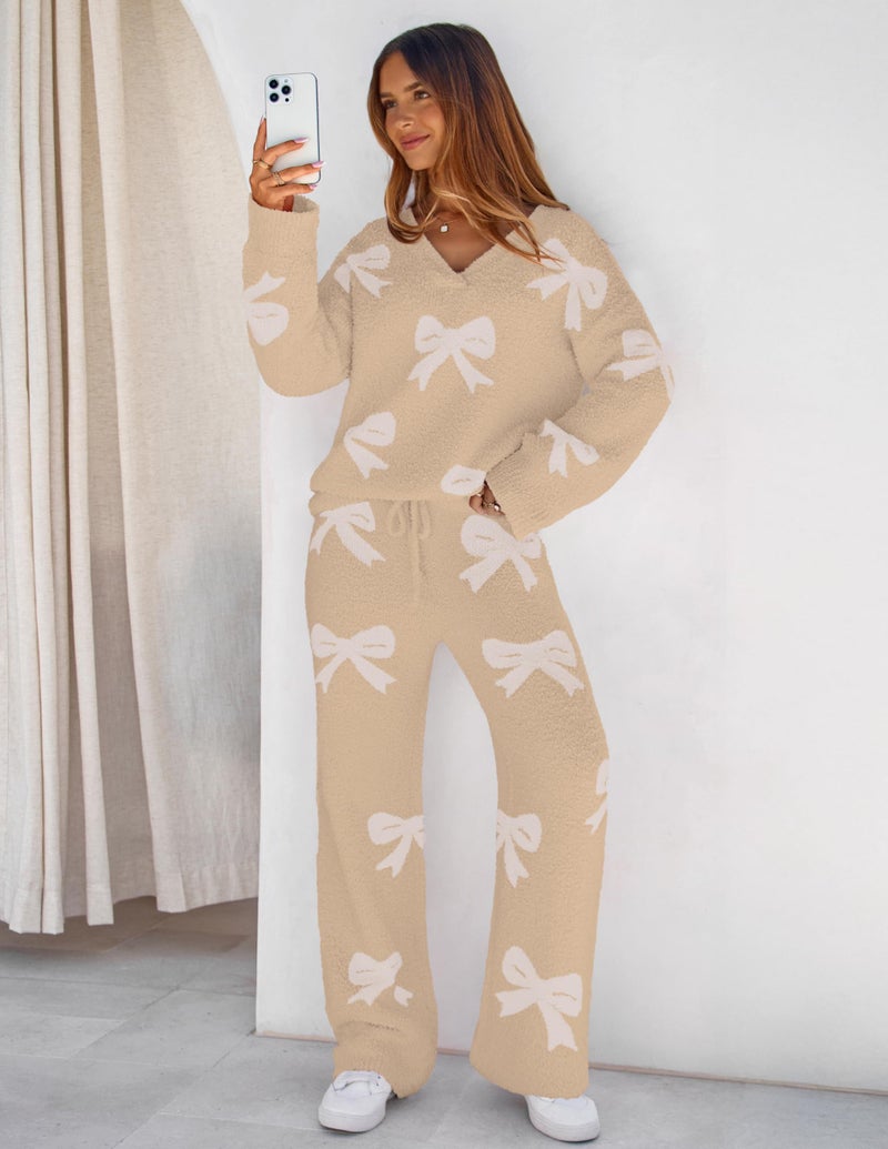 MEROKEETY Women's 2 Piece Outfits Fuzzy Fleece Pajama Set Long Sleeve Top Wide Leg Pants Loungewear, Bowkhaki, X-Large - Image 3
