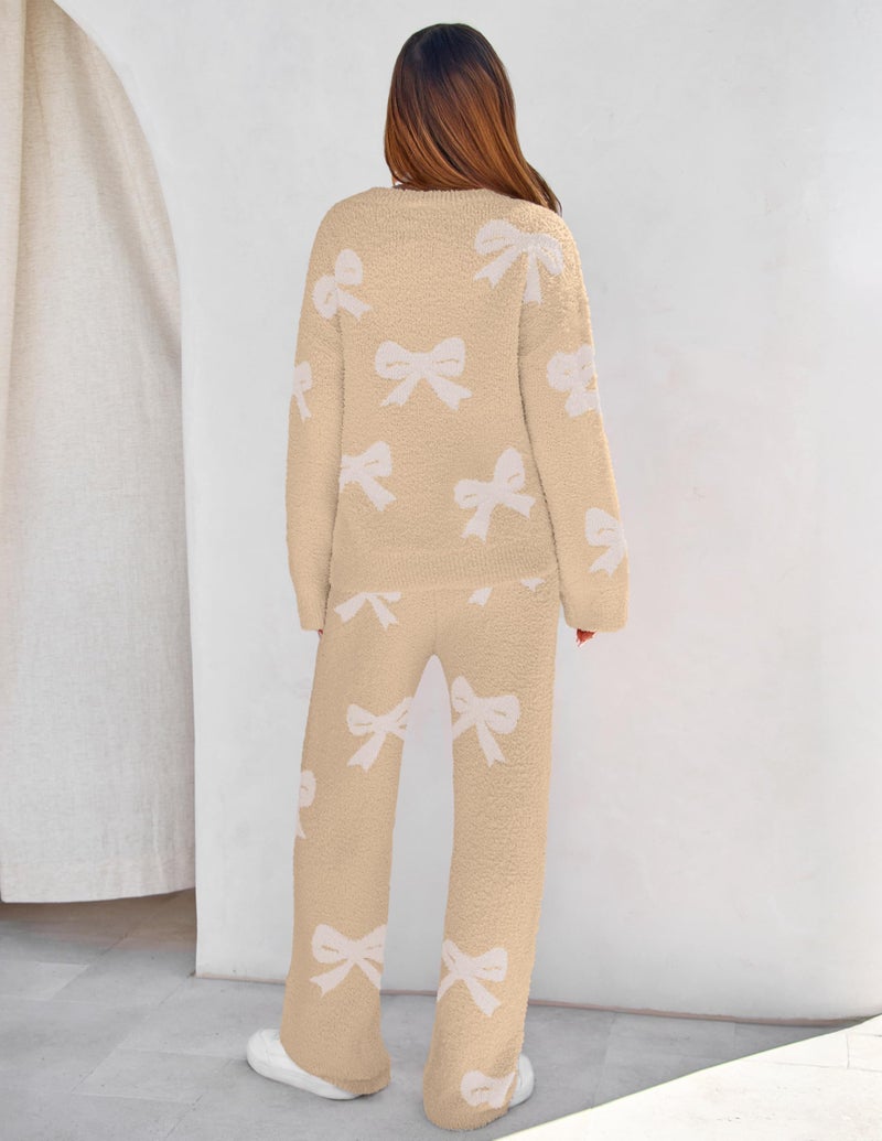 MEROKEETY Women's 2 Piece Outfits Fuzzy Fleece Pajama Set Long Sleeve Top Wide Leg Pants Loungewear, Bowkhaki, X-Large - Image 4