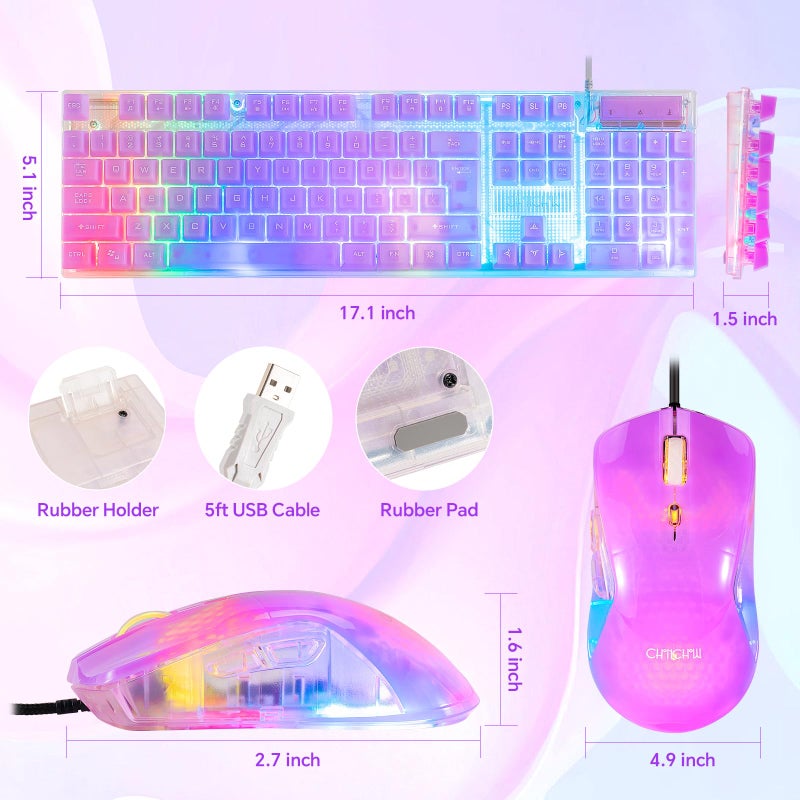 CHONCHOW RGB Gaming Keyboard and Mouse Combo,USB Wired Custom Clear Keyboards, Rainbow LED Backlight Transparent Keyboard Mouse Set for Computer Windows PC PS4 Xbox Laptop - Image 3