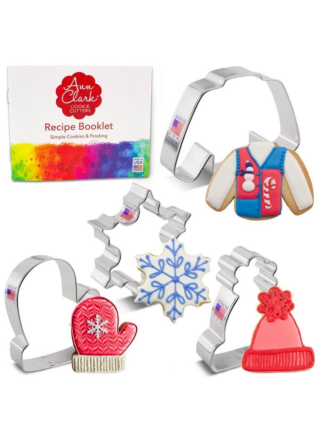 Ann Clark Cookie Cutters Winter and Christmas Cookie Cutters 4-Pc Set Made in USA by Ann Clark, Snowflake, Sweater, Mitten, Winter Hat  - Image 1