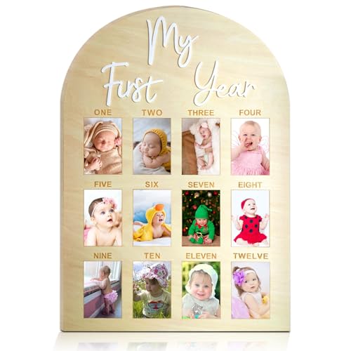 hongpar One Year Birthday Wooden Photo Board My First Year Milestone Photo Board 12 Monthly Picture Frame Baby First year Wood Acrylic Sign 1st Birthday Decorations Baby Keepsake Gift (2" x 3" photos - Wallet Size) - Image 1