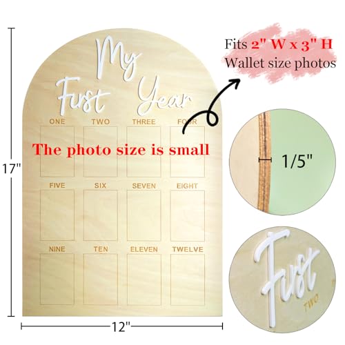 hongpar One Year Birthday Wooden Photo Board My First Year Milestone Photo Board 12 Monthly Picture Frame Baby First year Wood Acrylic Sign 1st Birthday Decorations Baby Keepsake Gift (2" x 3" photos - Wallet Size) - Image 2