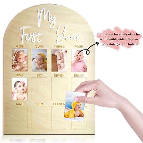 hongpar One Year Birthday Wooden Photo Board My First Year Milestone Photo Board 12 Monthly Picture Frame Baby First year Wood Acrylic Sign 1st Birthday Decorations Baby Keepsake Gift (2" x 3" photos - Wallet Size) - Image 3