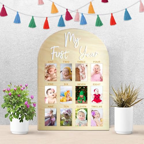hongpar One Year Birthday Wooden Photo Board My First Year Milestone Photo Board 12 Monthly Picture Frame Baby First year Wood Acrylic Sign 1st Birthday Decorations Baby Keepsake Gift (2" x 3" photos - Wallet Size) - Image 4