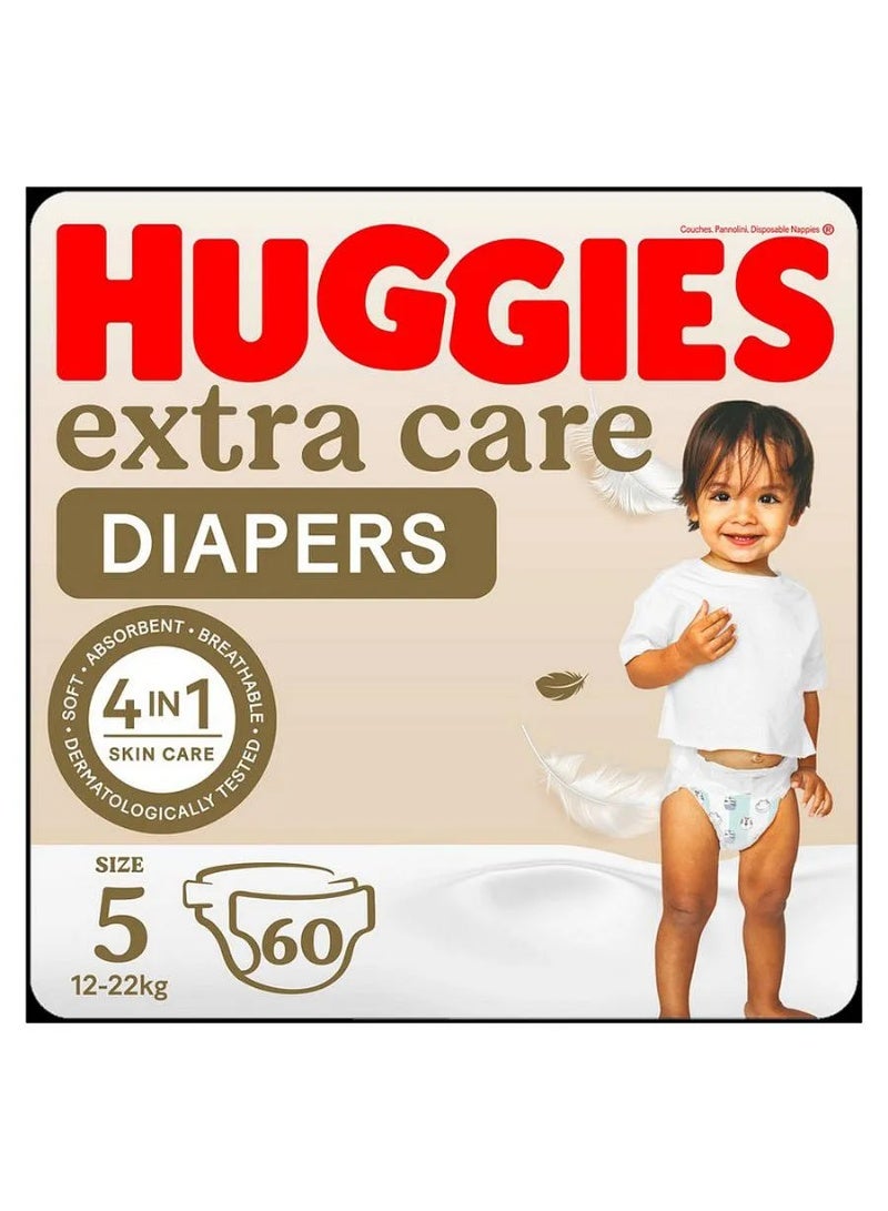 Huggies Extra Care Tape Stye Diapers, 60 Pieces Jumbo Pack, Size 5, 12-22kg - 12h Protection, Dermatologist Approved, Breathable