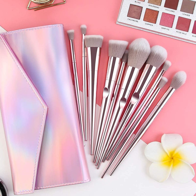 COSLUXE فرش مكياج COSLUXE مجموعة 10 قطع فرش مكياج صناعية ممتازة لظلال العيون وتحديد الوجه وإضاءة الأساس مجموعة فرش مكياج احترافية مع حقيبة تجميل للنساء باللون الوردي - Image 3