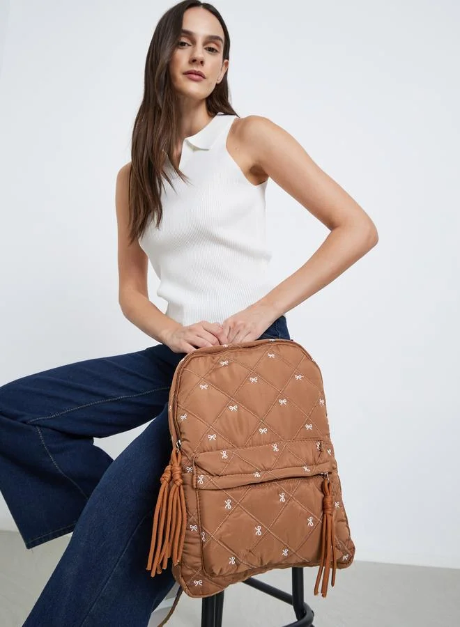 ستايلي Women Tan Quilted Look Backpack with Bow Detail