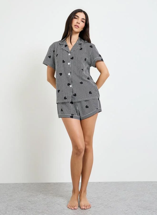 Styli Black Heart Striped Short Sleeve Shirt and Pyjama Set