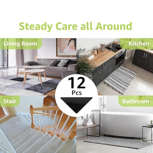 Rabenda 12 Pcs Rug Tape, Non Slip Rug Pads Grippers for Hardwood Floors and Tiles, Reusable Carpet Tape for Area Rugs, Double-Sided Adhesive Rug Stickers Keep Corners Flat (Black) - Image 4