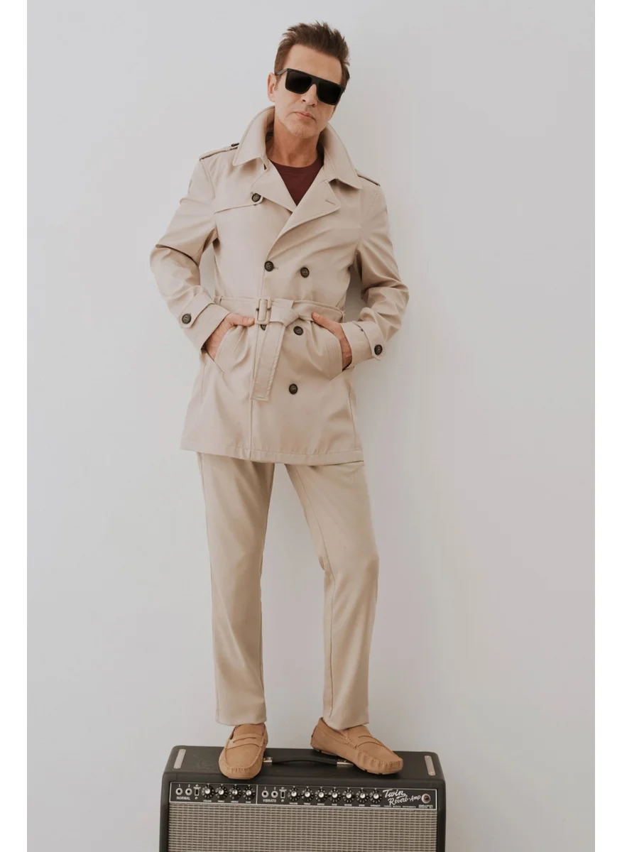دي أس دامات Ds Damat Regular Fit Beige Epaulette Waist Belted Overcoat/Trenckot 1HF08ORT00013