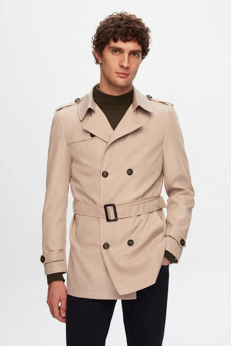 دي أس دامات Ds Damat Regular Fit Beige Epaulette Waist Belted Overcoat/Trenckot 1HF08ORT00013