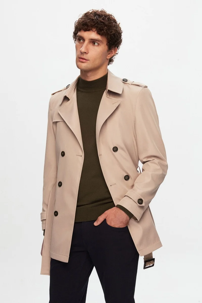 دي أس دامات Ds Damat Regular Fit Beige Epaulette Waist Belted Overcoat/Trenckot 1HF08ORT00013