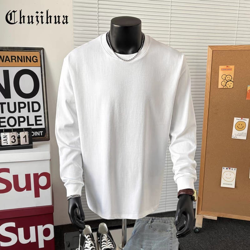 Xinjiang cotton 320g heavyweight pure cotton round-neck long-sleeved T-shirt loose casual plus-size base T-shirt for men and women trendy - Image 1