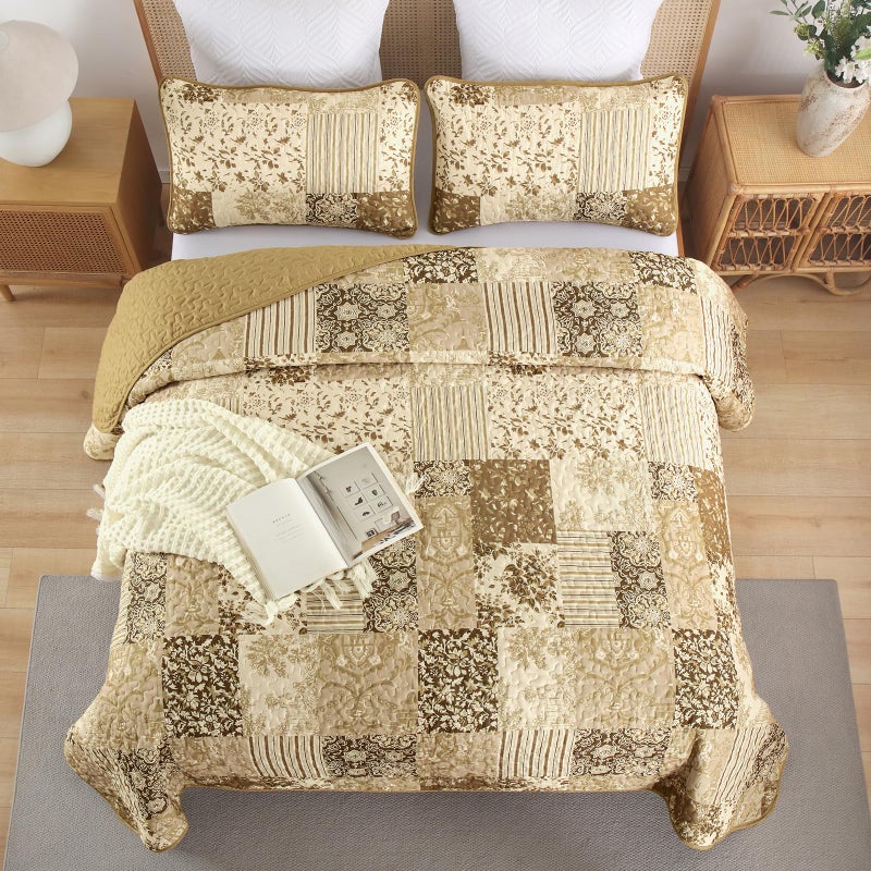 Drucon Quilts Queen Size, Yellow Brown Patchwork Pattern Summer Bedspread Bedding Set, 3 Pieces Soft Lightweight Plaid Coverlet with 2 Pillow Shams for All Season 96x90 Inch - Image 3